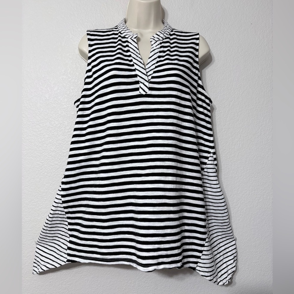Chico’s Soft Cotton Modal Blend Black White Striped Sleeveless Tunic V neck L